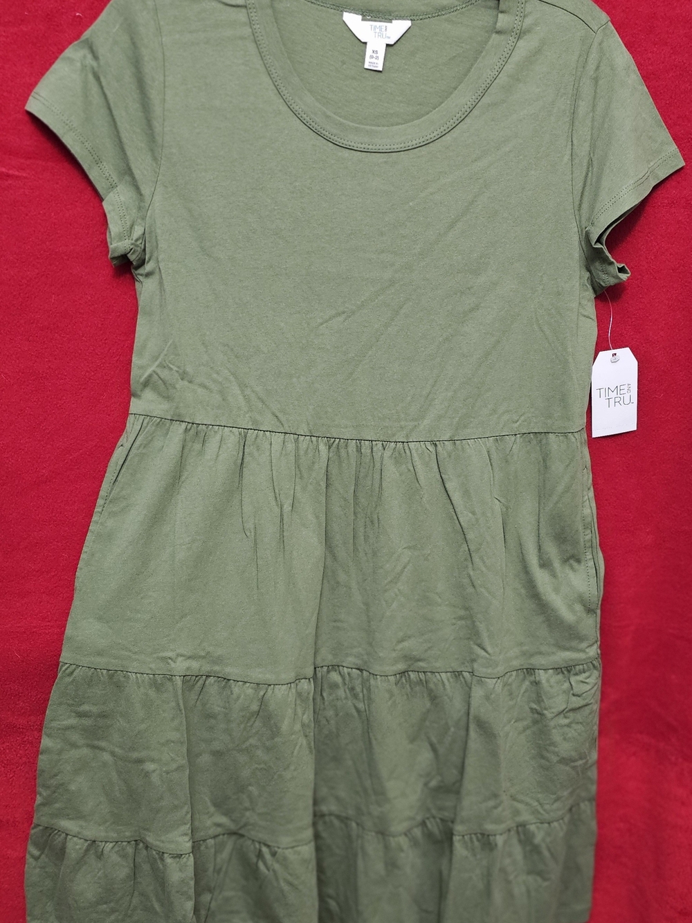 Time And Tru Women Tiered Dress Green Short Sleeve Size X-S NEW WITH TAGS
